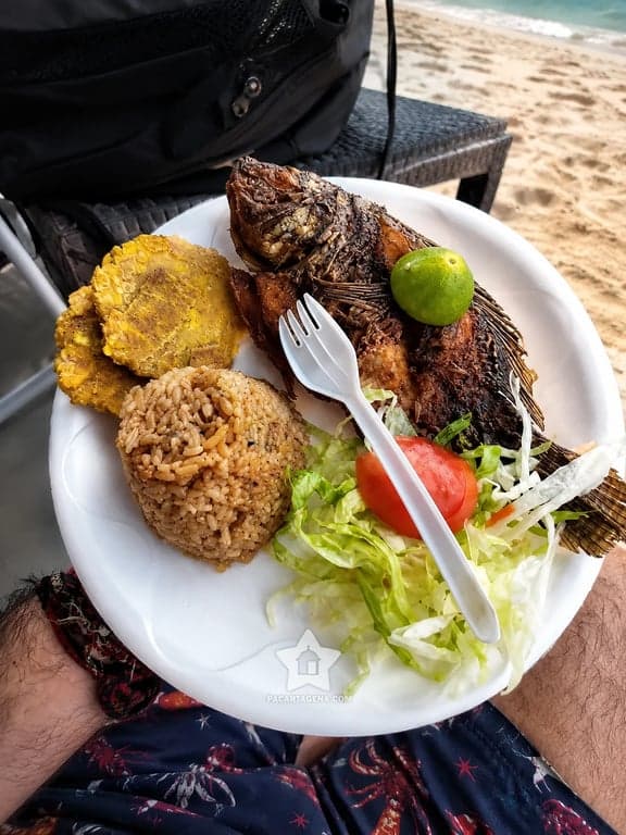 Almuerzo típico: mojarra negra frita con arroz, patacón y ensalada en Punta Arena