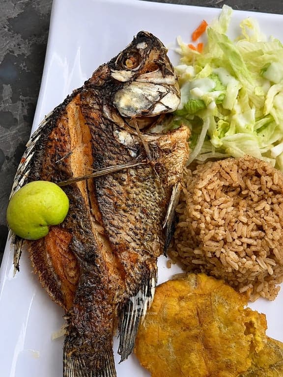 Plato de mojarra frita con arroz, patacón y limón servido en Bongo, Punta Arena