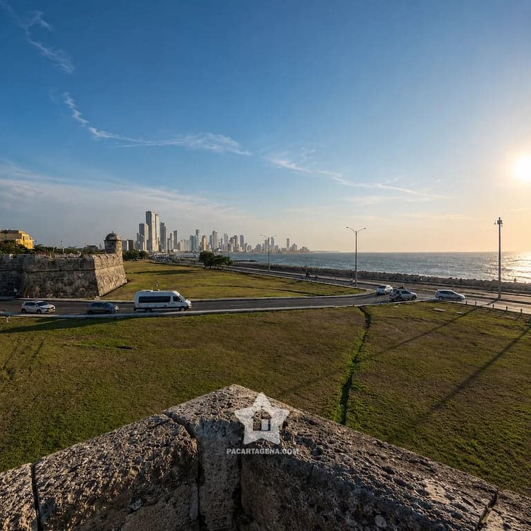 Atardecer sobre las murallas de Cartagena con vista a los rascacielos de Bocagrande