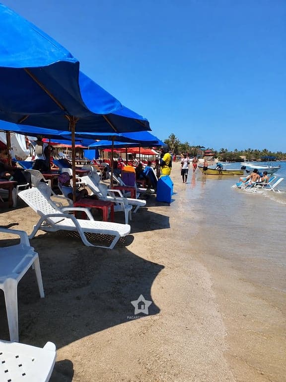 Camastros al borde del agua en Playa Linda, Tierra Bomba, a 20 minutos de Cartagena