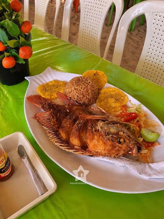 Almuerzo caribeño: pescado frito con arroz, patacón y ensalada en Playa Tranquila