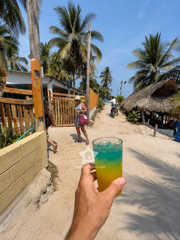 Coctel servido en el club, con el camino de palmeras de Palmarito al fondo