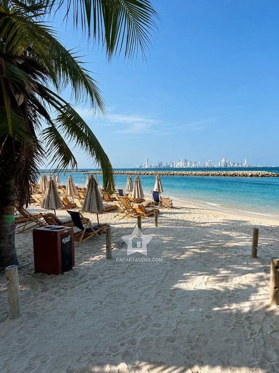 Playa del club en Tierra Bomba: camastros y sombrillas de palma con Cartagena al fondo