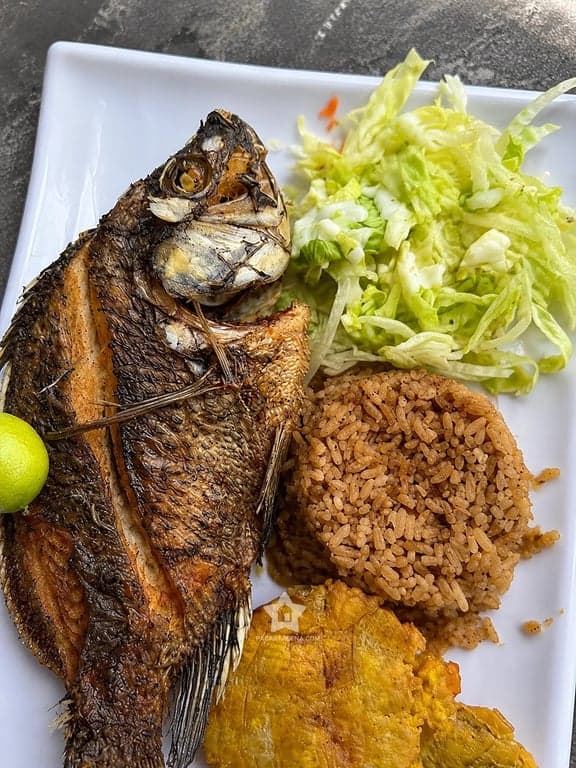 Mojarra frita con arroz de coco, patacón y ensalada: el almuerzo típico incluido en el pasadía