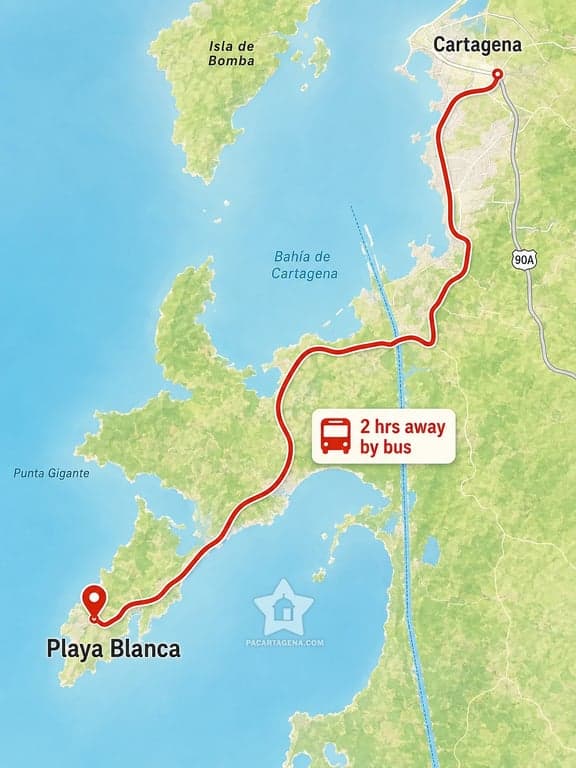Mapa de la ruta en bus desde Cartagena hasta la isla de Barú