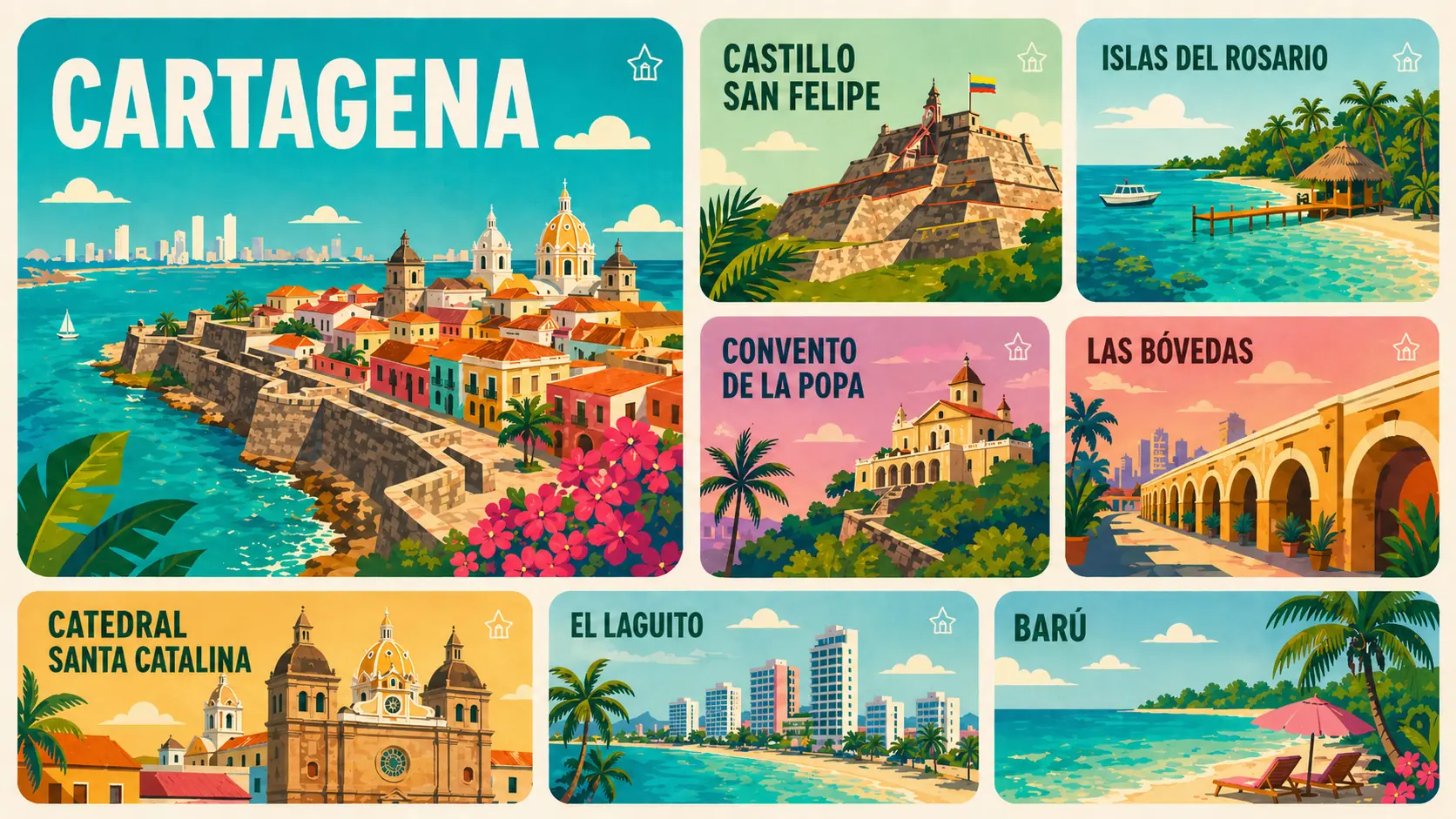 Postales ilustradas de Cartagena: Castillo San Felipe, Islas del Rosario, Convento de la Popa, Las Bóvedas, Catedral Santa Catalina, El Laguito, Barú