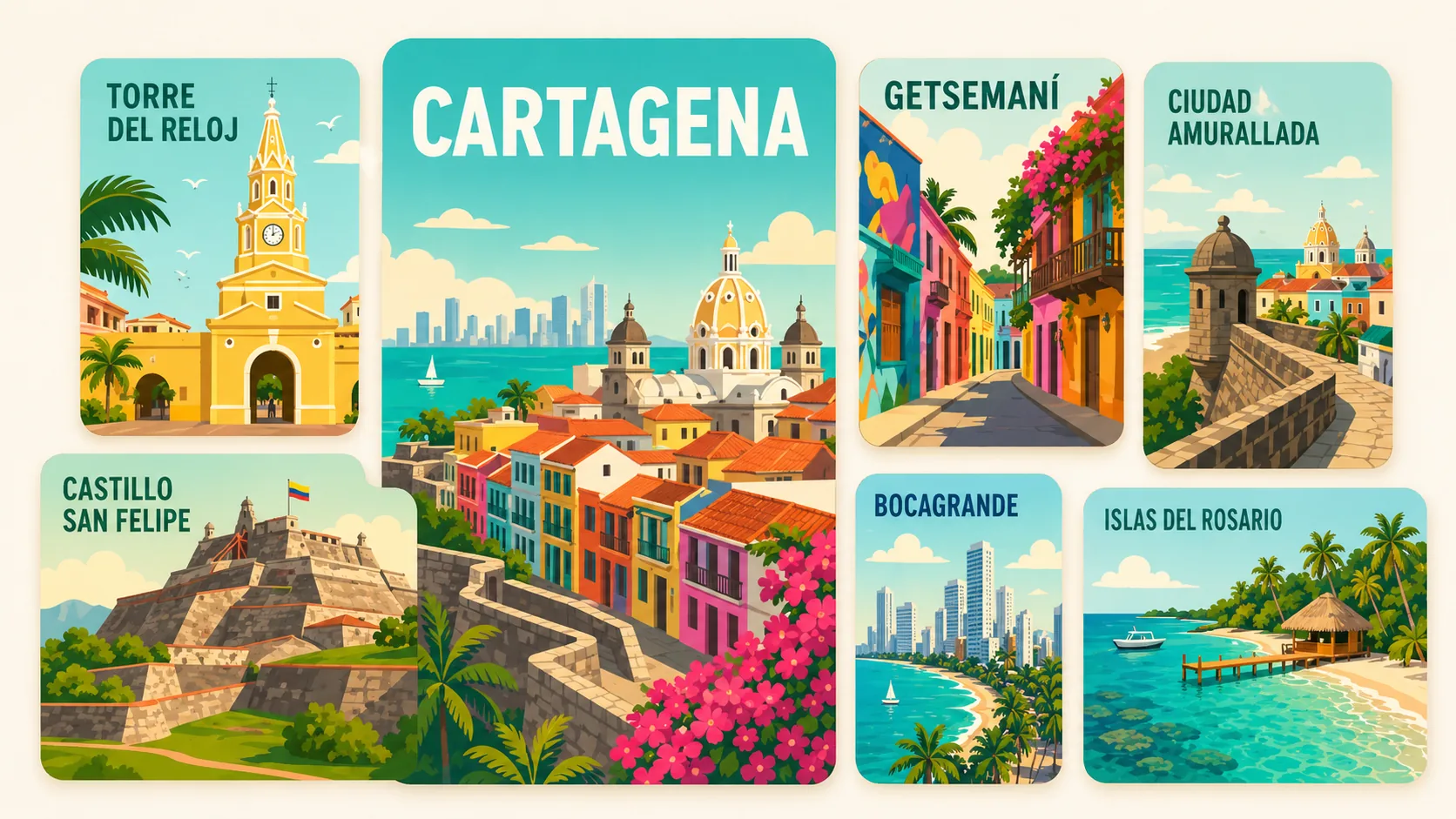 Postales de los sitios icónicos de Cartagena: Torre del Reloj, Castillo San Felipe, Ciudad Amurallada, Getsemaní, Bocagrande, Islas del Rosario
